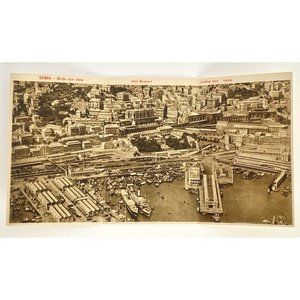 Vintage Italian Genoa Harbor Panoramic 3-Panel View Postcard Unposted